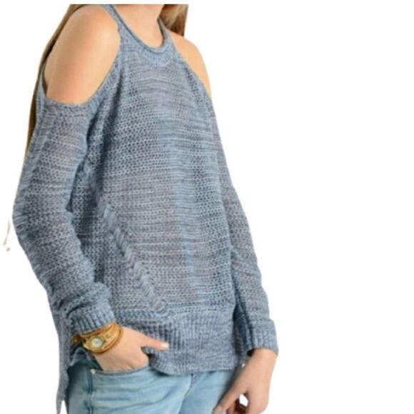 Willow & Clay Light Marled Blue Open Knit Cold Shoulder Sweater size Large - Picture 7 of 7